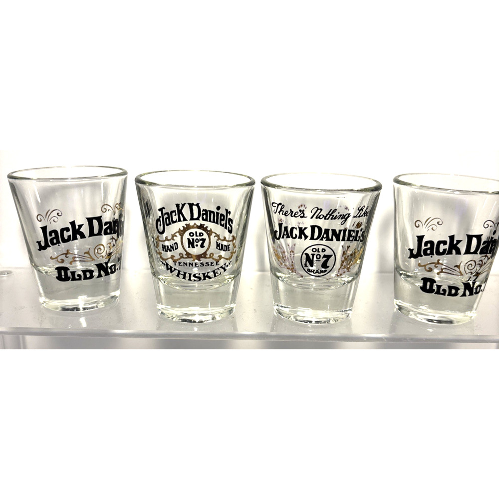 Jack Daniels Old No 7 Shot Glass Lot of 4 Glasses Sour Mash Tennessee Whiskey JD
